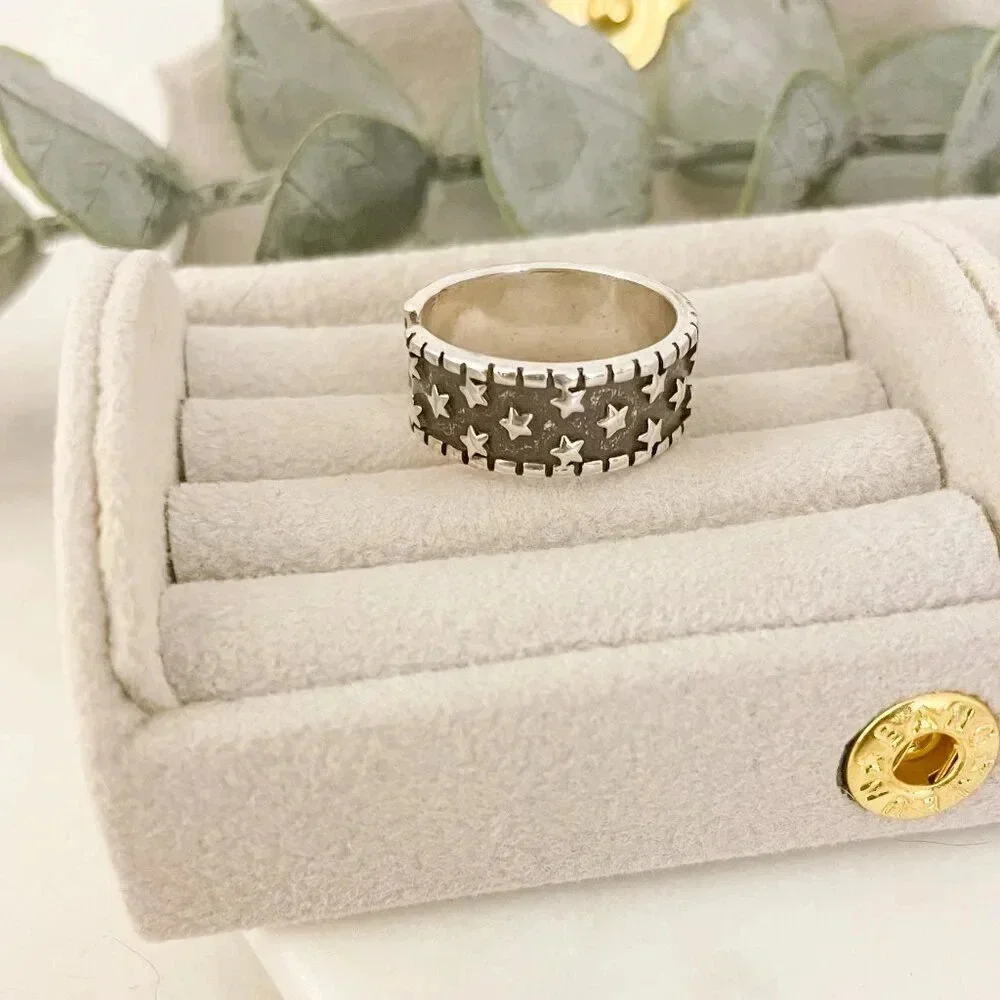 925 Sterling Silver Star Ring Band Black & Silver Star Ring Celestial Ring